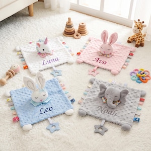 Manta de apego personalizada para bebé con nombre, manta de seguridad Minky bordada a medida, juguete sensorial con sonido crujiente, regalo para baby shower, juguete de peluche imagen 6