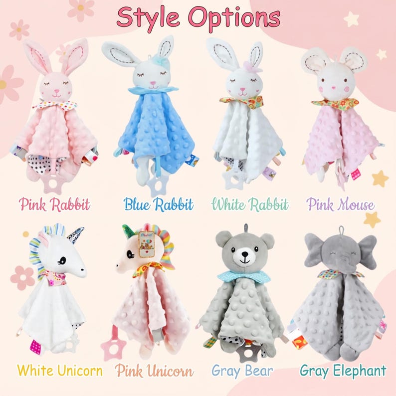 Puede incluir: Una colecci&oacute;n de mantas de seguridad para beb&eacute;s con dise&ntilde;os de animales. La imagen muestra un conejo rosa, un conejo azul, un conejo blanco, un rat&oacute;n rosa, un unicornio blanco, un unicornio rosa, un oso gris y un elefante gris. Cada uno tiene una manta suave y un mordedor.