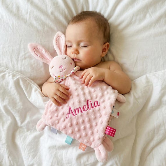 Personalized Baby Lovey Blanket with Name, Custom Embroidered Minky Security Blanket, Sensory Crinkle Toy, Baby Shower Gift, Stuffed Toy