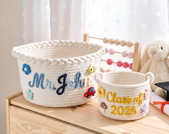 Personalized Cotton Rope Storage Basket, Teacher Appreciation Gift, Classroom Organizer