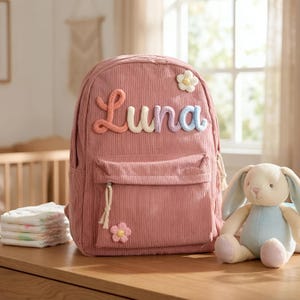 Mochila de veludo cotelê personalizada, mochila escolar infantil com nome bordado, mochila para volta às aulas, presente para crianças.