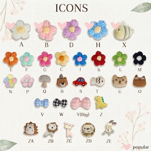 Könnte beinhalten: Eine Sammlung farbenfroher, dekorativer Verzierungen, darunter Blumen, Tiere und Schleifen. Das Bild zeigt verschiedene Formen und Designs, wie eine Biene, ein Auto und einen Dinosaurier. Das Wort "ICONS" steht oben.