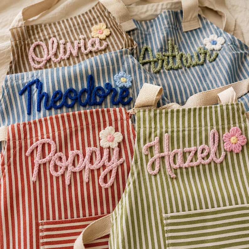 Personligt broderat förkläde, köksförkläde med eget namn för barn och vuxna, matlagningspresent, bakförkläde, kockpresent bild 1