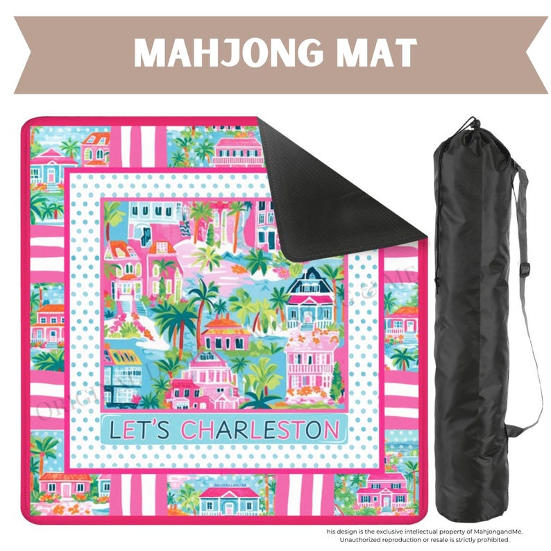 May include: A colorful Mahjong mat with a Charleston theme, featuring pink, blue, and white accents. The mat displays illustrations of houses, palm trees, and the text "LET'S CHARLESTON." Includes a black carrying bag.