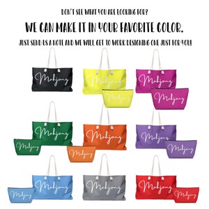 May include: A collection of tote bags and matching pouches in black, yellow, pink, green, orange, purple, light blue, gray, and red. Each item features the word Mahjong in white script. Text reads: DON'T SEE WHAT YOU ARE LOOKING FOR? WE CAN MAKE IT IN YOUR FAVORITE COLOR. JUST SEND US A NOTE AND WE WILL GET TO WORK DESIGNING ONE JUST FOR YOU!