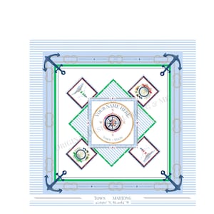 May include: Square nautical design with a compass, anchors, and rope detailing. The design features a central compass rose with the text "YOUR NAME HERE" and "TOWN - STATE". The background has blue and white stripes and nautical elements.