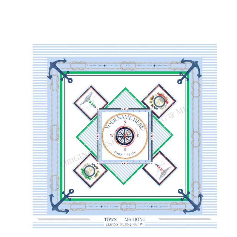 May include: Square nautical design with a compass, anchors, and rope detailing. The design features a central compass rose with the text "YOUR NAME HERE" and "TOWN - STATE". The background has blue and white stripes and nautical elements.