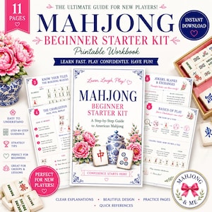May include: A Mahjong beginner starter kit printable workbook featuring 11 pages of step-by-step guides, tile explanations, and strategy tips. The cover displays pink peonies, a blue and white ginger jar, and Mahjong tiles with red and blue text.