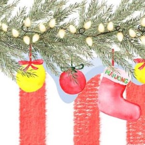 May include: Watercolor illustration of a Christmas garland with ornaments and stockings. The garland features green pine branches, small white lights, and red and white striped stockings. Ornaments include red apples and yellow baubles.
