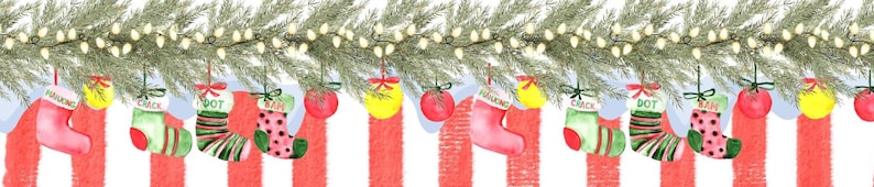 May include: Watercolor illustration of a Christmas garland with ornaments and stockings. The garland features green pine branches, small white lights, and red and white striped stockings. Ornaments include red apples and yellow baubles.