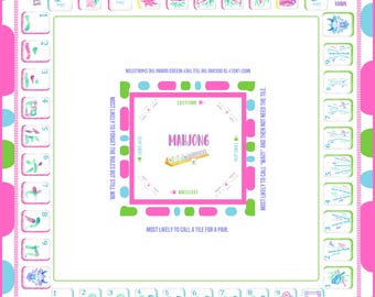 May include: A colorful Mahjong game board with a pink polka dot border. The board features various tiles, including cracks, bams, and dots. Text on the board includes "Mahjong" and phrases related to gameplay. The design is vibrant and playful.