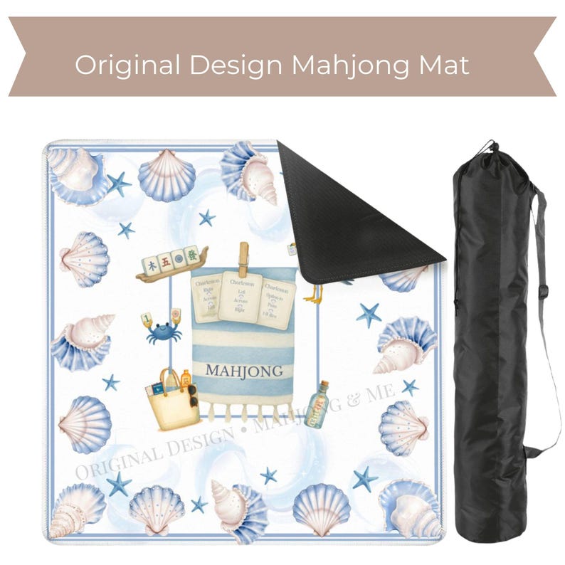 May include: A white Mahjong mat with a blue and white seashell design, a black carrying case, and the text "Original Design Mahjong Mat". The mat features a beach theme with seashells, starfish, and a crab.