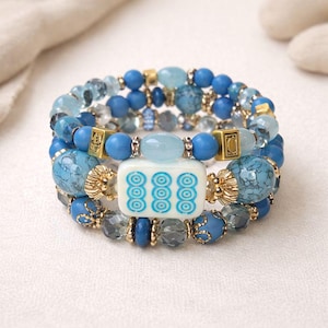 Mahjong Beaded Bracelet Set – Stack of 3 Stretch Bracelets. Multiple colors. Great Mahjong jewelry gift! Blue with Blue Tile