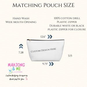 May include: White pouch with a black zipper, labeled "Custom Design Here." The pouch is 12.6 inches wide, 7.28 inches high, and 9.75 inches across the bottom. Made of 100% cotton drill with a plastic zipper. The pouch is 3.15 inches deep.