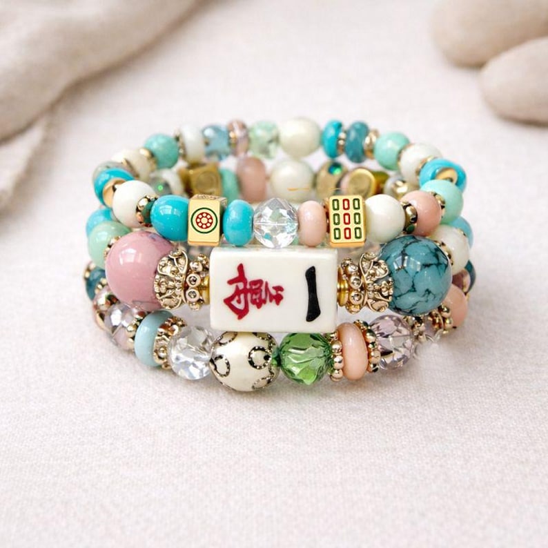 Mahjong Beaded Bracelet Set – Stack of 3 Stretch Bracelets. Multiple colors. Great Mahjong jewelry gift! Pastel Multi Color