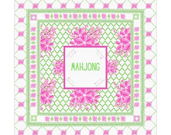 Preppy Mahjong Tablecloth: Pink Green Floral  with Charleston Instructions