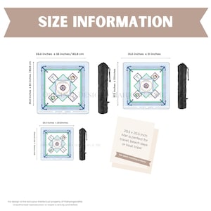 May include: Image showing three carrom board mats in different sizes, with measurements in inches. The largest is 33.0 x 33 inches, the medium is 31.0 x 31 inches, and the smallest is 20.5 x 20.5 inches. Each mat has a carrying case.