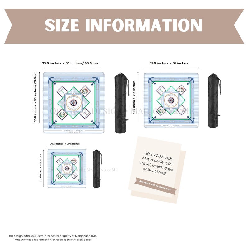 May include: Image showing three carrom board mats in different sizes, with measurements in inches. The largest is 33.0 x 33 inches, the medium is 31.0 x 31 inches, and the smallest is 20.5 x 20.5 inches. Each mat has a carrying case.