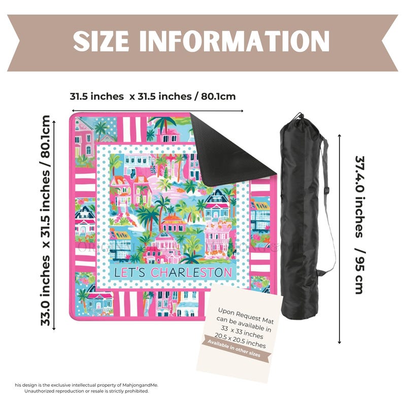 May include: A pink and blue picnic blanket with a Charleston design, measuring 33.0 x 31.5 inches (83.8 x 80.0 cm). The blanket features illustrations of colorful houses and palm trees, with the text "LET'S CHARLESTON". Includes a black carrying bag.