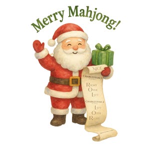 May include: Watercolor illustration of Santa Claus holding a gift and a scroll. Santa is wearing a red suit, hat, and gloves with a white beard. The scroll reads "Charleston 1 Required" and "Charleston 2 Optional". The text "Merry Mahjong!" is above Santa.