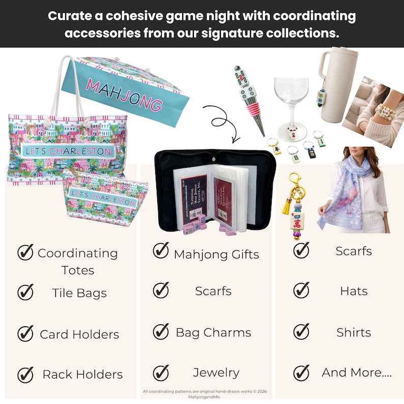 May include: A promotional image showcasing a variety of game night accessories. Featured items include a Mahjong set, tote bags, scarves, and jewelry. The text reads "Curate a cohesive game night with coordinating accessories from our signature collections."