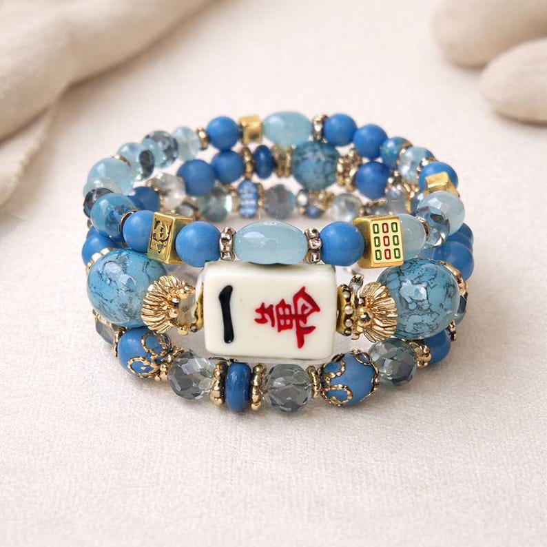 Mahjong Beaded Bracelet Set – Stack of 3 Stretch Bracelets. Multiple colors. Great Mahjong jewelry gift! Light Blue with Tile