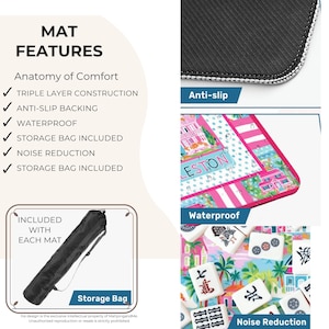May include: A colorful mahjong mat with a pink and white design featuring a Charleston theme. The mat has anti-slip backing, is waterproof, and includes a storage bag. The mat also has noise reduction.