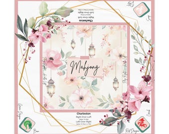 May include: A floral-themed Mahjong game board with a pink background and gold accents. The board features a floral pattern with pink and white flowers and green leaves. The board also features a gold frame and a gold inscription that reads "Mahjong". The board is surrounded by four tiles, each with a different design. The tiles are labeled "Green Dragon", "Red Dragon", "Crack", and "삭".