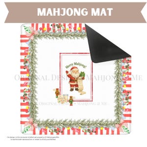 May include: A rectangular Mahjong mat with a Christmas theme. The mat features a red and white striped border, a garland of green pine needles, and a central image of Santa Claus holding a gift and a list. The text "Merry Mahjong!" is also present.
