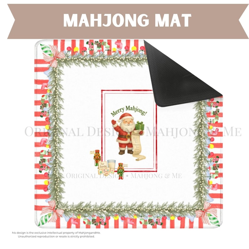 May include: A rectangular Mahjong mat with a Christmas theme. The mat features a red and white striped border, a garland of green pine needles, and a central image of Santa Claus holding a gift and a list. The text "Merry Mahjong!" is also present.