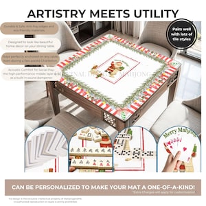 May include: A rectangular mahjong table mat with a festive Christmas design. The mat features a white center with a "Merry Mahjong" graphic and a border of red and white stripes and green garland. The text "ARTISTRY MEETS UTILITY" is at the top.
