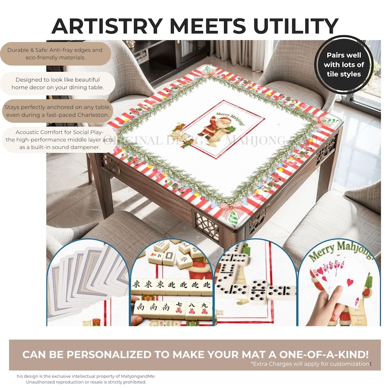 May include: A rectangular mahjong table mat with a festive Christmas design. The mat features a white center with a "Merry Mahjong" graphic and a border of red and white stripes and green garland. The text "ARTISTRY MEETS UTILITY" is at the top.