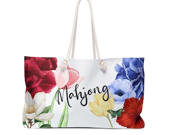 Bolsa de tela con diseño floral de Mahjong. Flores de acuarela y escritura. Regalo para amantes del Mahjong.