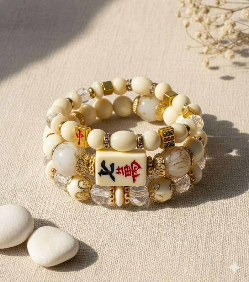 Mahjong Beaded Bracelet Set – Stack of 3 Stretch Bracelets. Multiple colors. Great Mahjong jewelry gift! White/cream