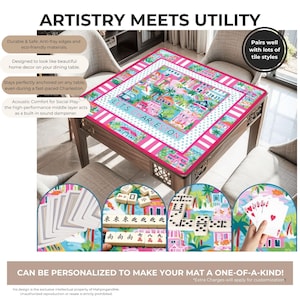 May include: A square game mat with a pink and white border featuring a colorful Charleston design. The mat is on a wooden table, with game pieces and cards displayed below. Text on the mat reads "LET'S CHARLESTON".