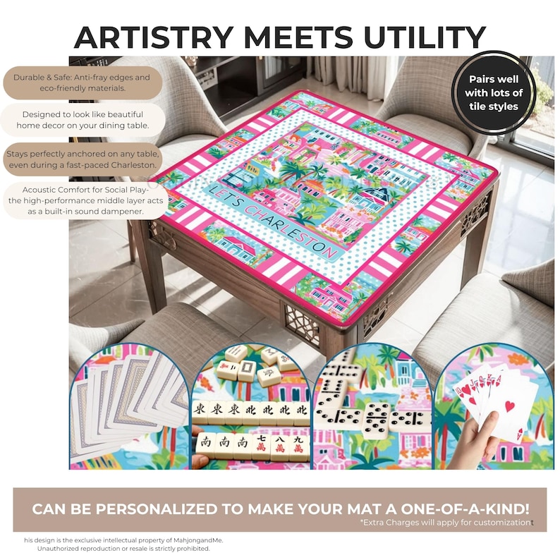May include: A square game mat with a pink and white border featuring a colorful Charleston design. The mat is on a wooden table, with game pieces and cards displayed below. Text on the mat reads "LET'S CHARLESTON".
