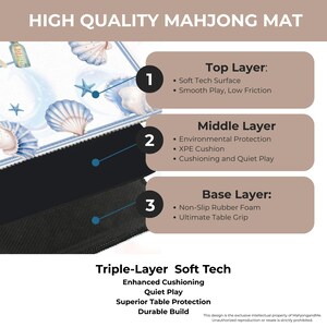 May include: A high-quality Mahjong mat with a soft tech surface, smooth play, and low friction. The mat features a triple-layer design with enhanced cushioning, quiet play, and superior table protection. The top layer has a seashell design.