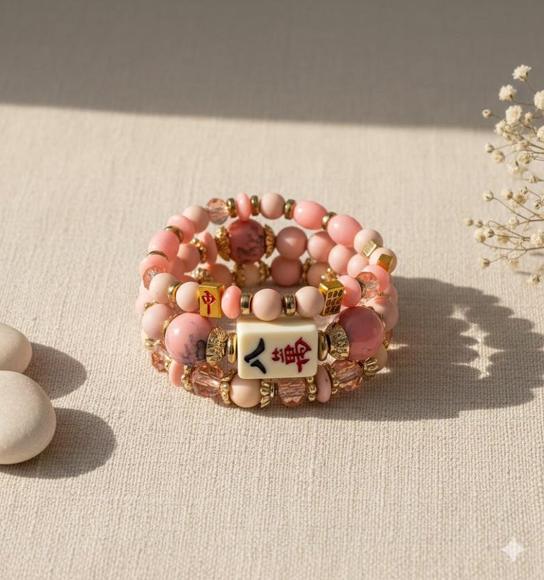 Mahjong Beaded Bracelet Set – Stack of 3 Stretch Bracelets. Multiple colors. Great Mahjong jewelry gift! Pink