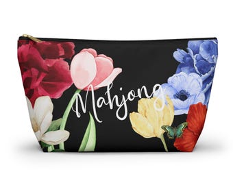 Floral Mahjong Tile Pouch: Black Zipper Bag