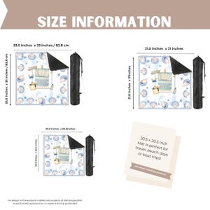 May include: Beach mat with a seashell and beach-themed design, available in three sizes: 33 x 33 inches, 31 x 31 inches, and 20.5 x 20.5 inches. Each mat comes with a black carrying bag. The text on the image says "SIZE INFORMATION".