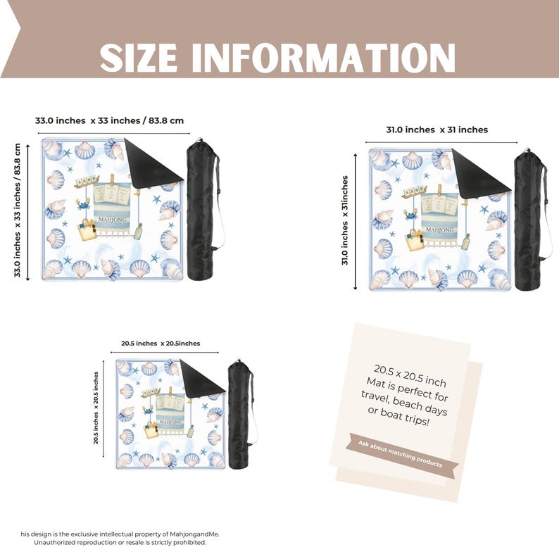 May include: Beach mat with a seashell and beach-themed design, available in three sizes: 33 x 33 inches, 31 x 31 inches, and 20.5 x 20.5 inches. Each mat comes with a black carrying bag. The text on the image says "SIZE INFORMATION".