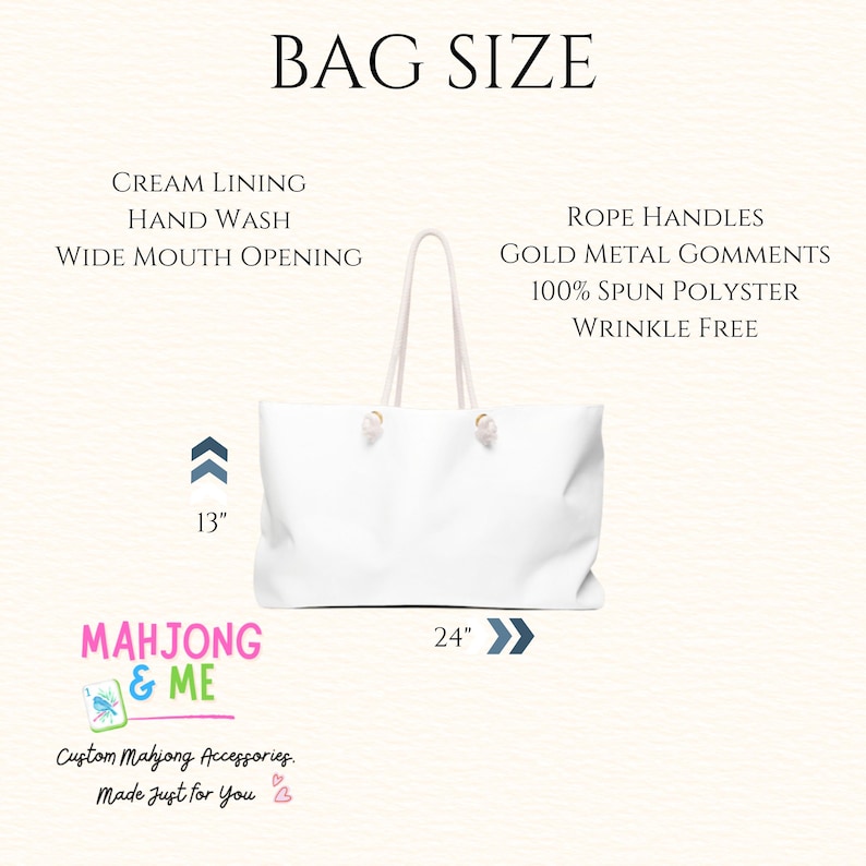 May include: White tote bag with rope handles and gold metal accents. The bag is 24 inches wide and 13 inches tall. Features include a cream lining, wide mouth opening, and is made of 100% spun polyester. The text "BAG SIZE" is at the top.
