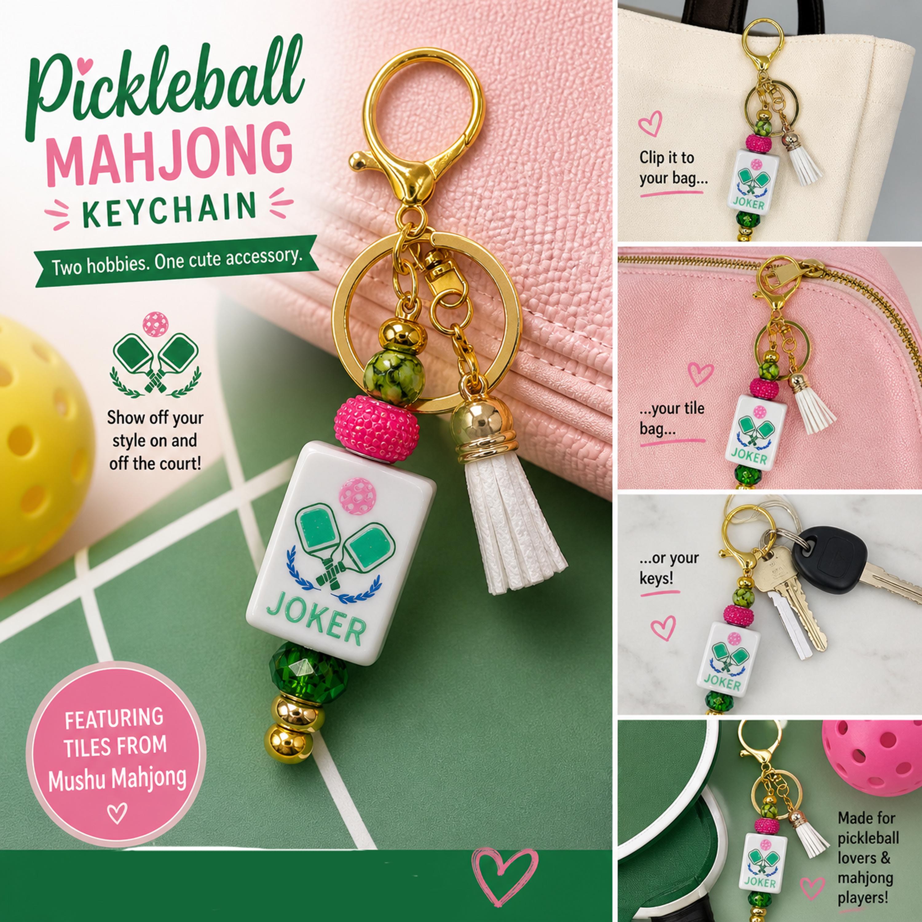 Pickleball Mahjong Keychain Mahjong Tile Key Ring Pickleball Gift