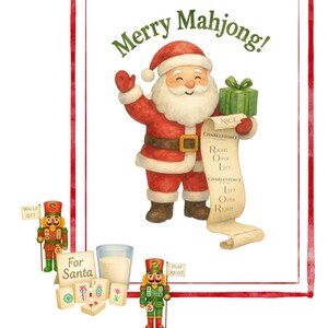 May include: Watercolor illustration featuring Santa Claus holding a gift and a scroll with Mahjong instructions. The text "Merry Mahjong!" is at the top. Includes nutcrackers, Mahjong tiles, and a glass of milk. Red and green color scheme.