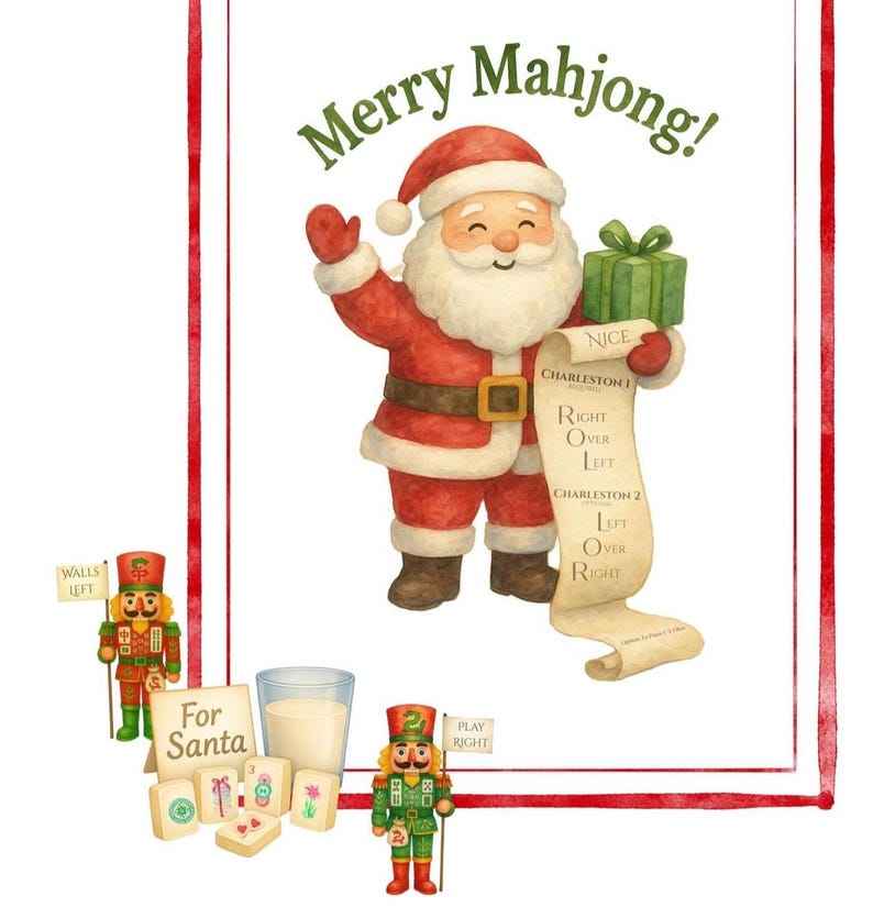 May include: Watercolor illustration featuring Santa Claus holding a gift and a scroll with Mahjong instructions. The text "Merry Mahjong!" is at the top. Includes nutcrackers, Mahjong tiles, and a glass of milk. Red and green color scheme.