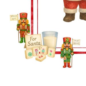 May include: Watercolor illustration featuring Christmas-themed elements. Two nutcrackers in festive uniforms hold signs. A glass of milk, mahjong tiles, and a sign reading "For Santa" are also present. The image has a holiday theme.