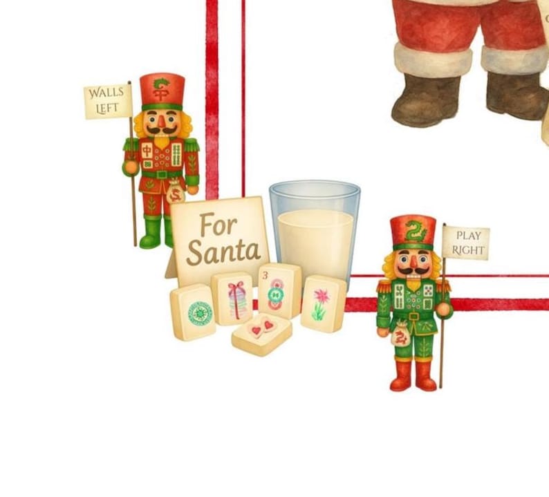 May include: Watercolor illustration featuring Christmas-themed elements. Two nutcrackers in festive uniforms hold signs. A glass of milk, mahjong tiles, and a sign reading "For Santa" are also present. The image has a holiday theme.