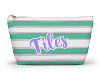 Astuccio per tessere Mahjong a righe: accessorio rosa, verde e viola.