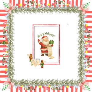 May include: A festive Christmas-themed illustration with a red and white striped border. The central image features Santa Claus holding a gift and a list, with the text "Merry Mahjong!". Decorative elements include nutcrackers, a glass of milk, and a garland.