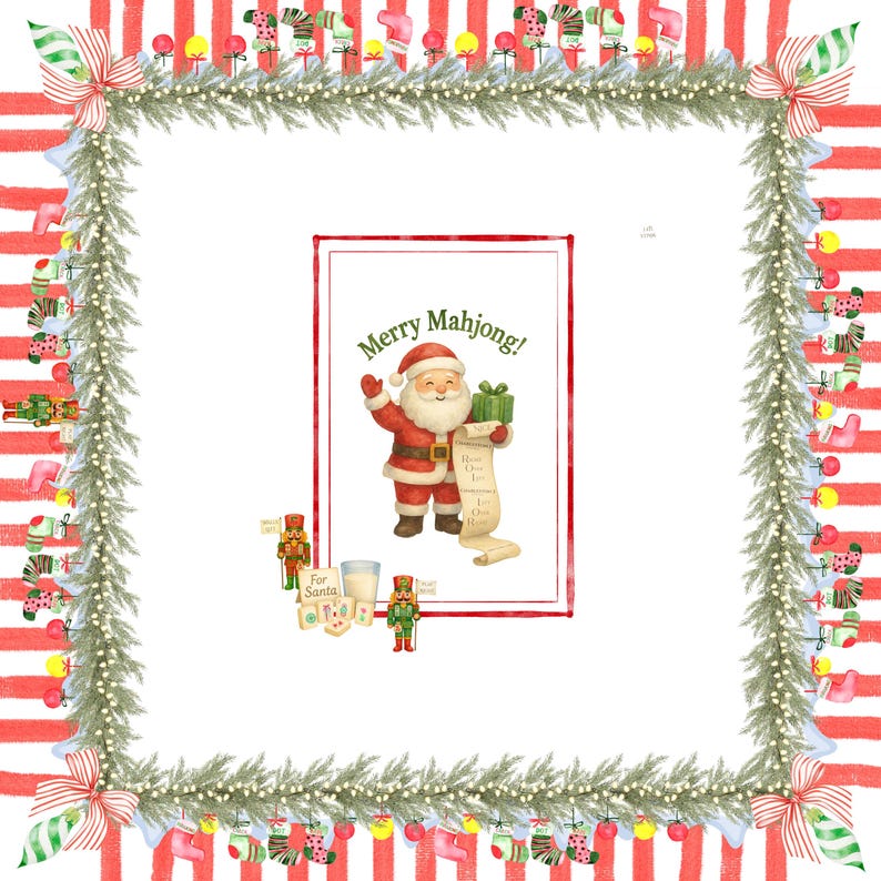 May include: A festive Christmas-themed illustration with a red and white striped border. The central image features Santa Claus holding a gift and a list, with the text "Merry Mahjong!". Decorative elements include nutcrackers, a glass of milk, and a garland.
